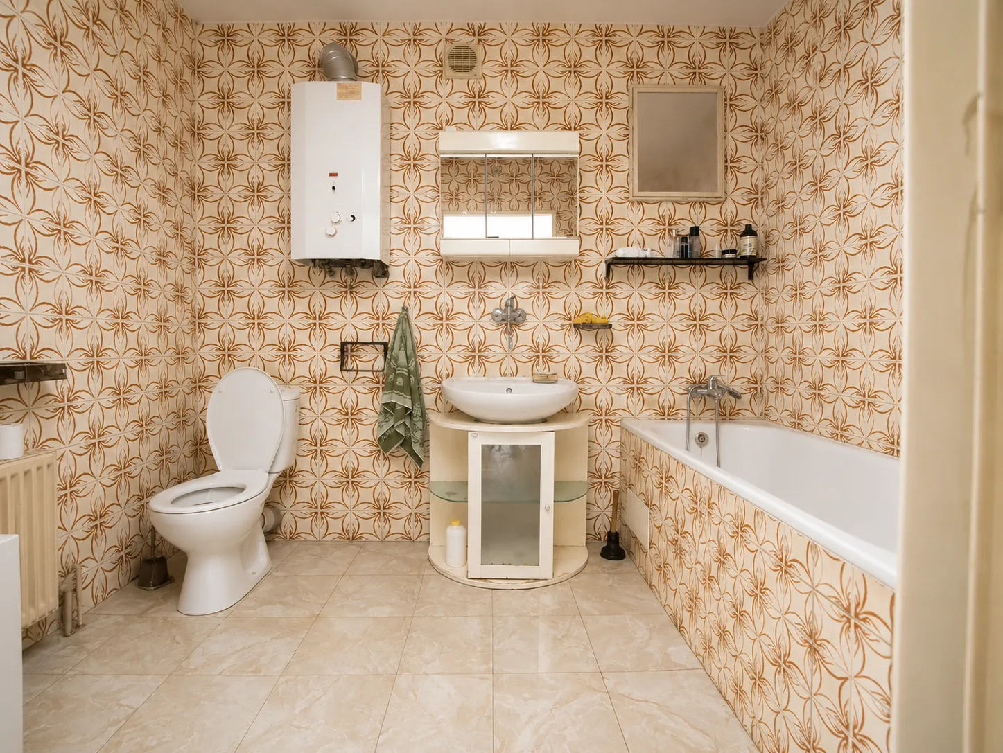 Upstairs bathroom with bathtub and gas boiler