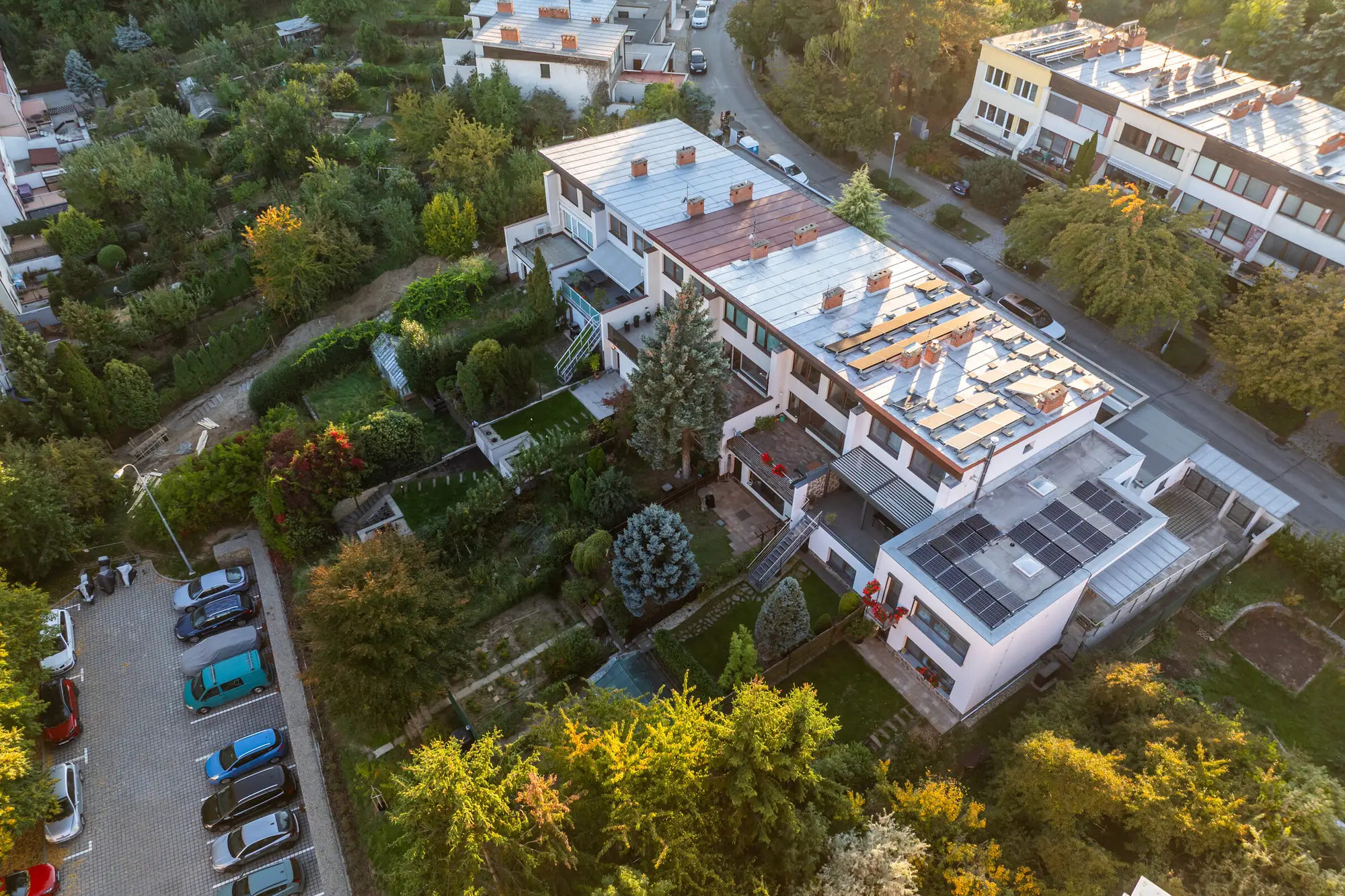 Aerial view of the house and the street